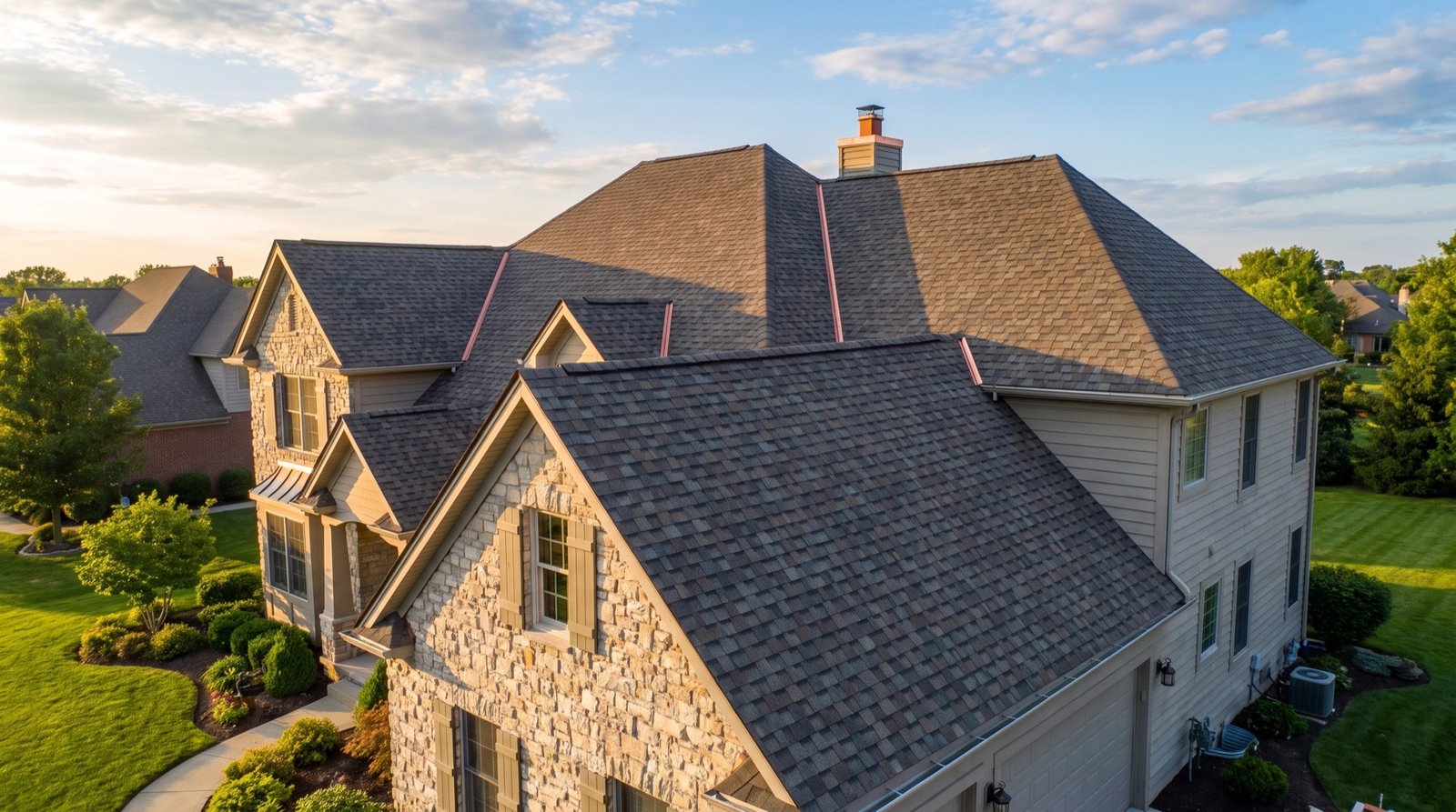Newly completed architectural shingle roof on a two-story home